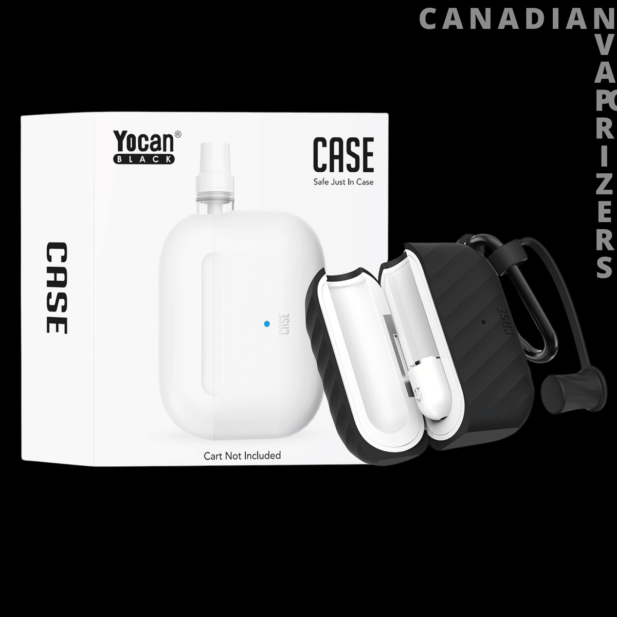Yocan Black Case Cartridge 510 Battery - White Yocan Black Case 510 battery with a slim hinged charging case and USB cable on its box.
