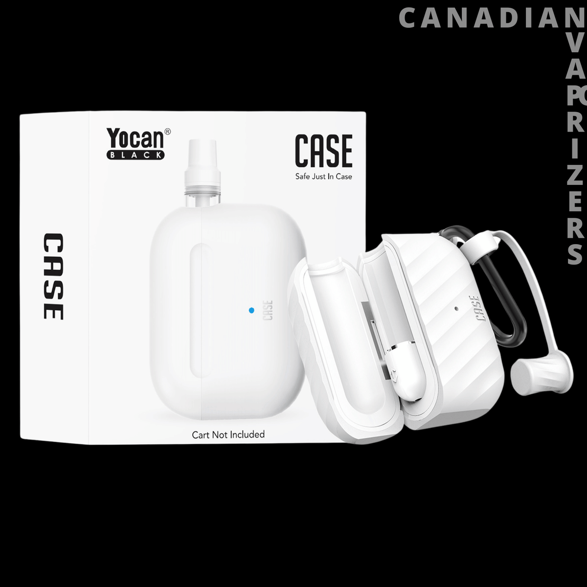 Yocan Black Case Cartridge 510 Battery - White Yocan Case 510 battery with a compact hinged design, shown beside its retail packaging.