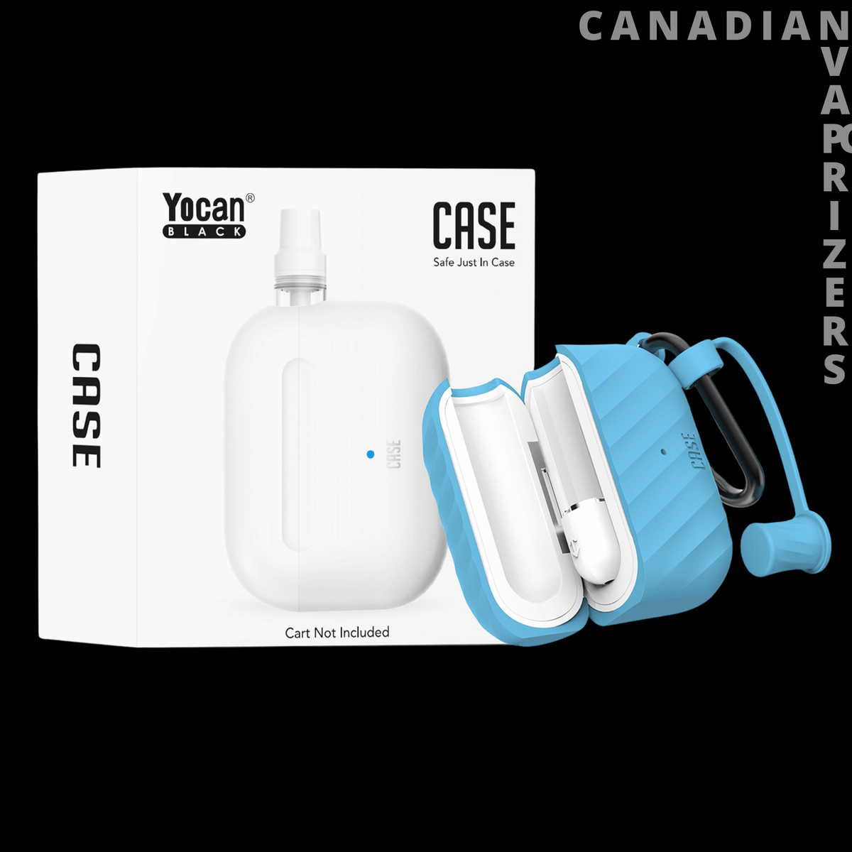 Yocan Black Case Cartridge 510 Battery - White Yocan Case 510 battery with blue protective case and cartridge displayed beside its packaging.