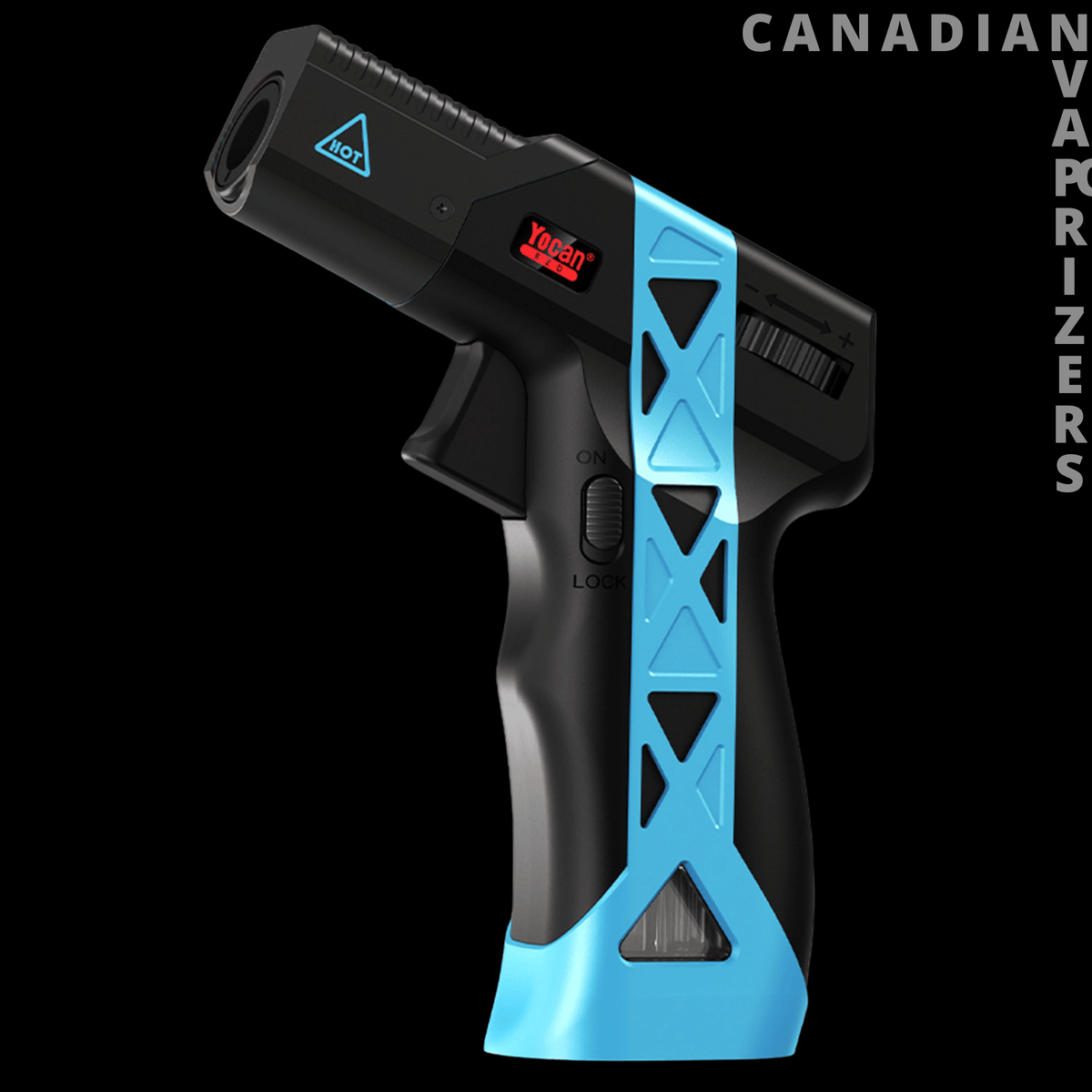 Yocan Delta Torch - Black and bright blue pistol-shaped torch with geometric cutouts, a red digital display, and a metal nozzle.