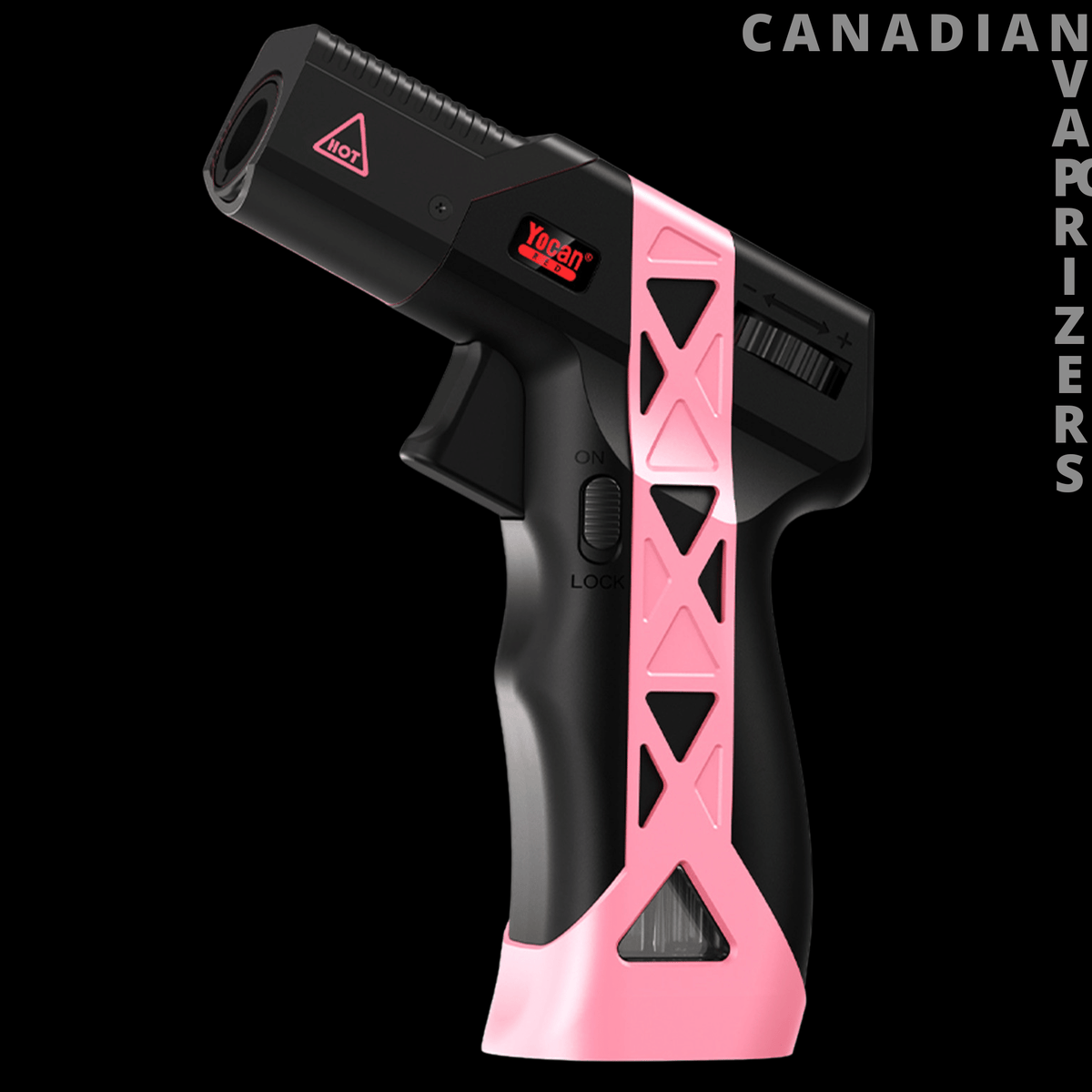 Yocan Delta Torch - Black and pink Yocan Delta Torch with a pistol-style grip and angular cutout accents.