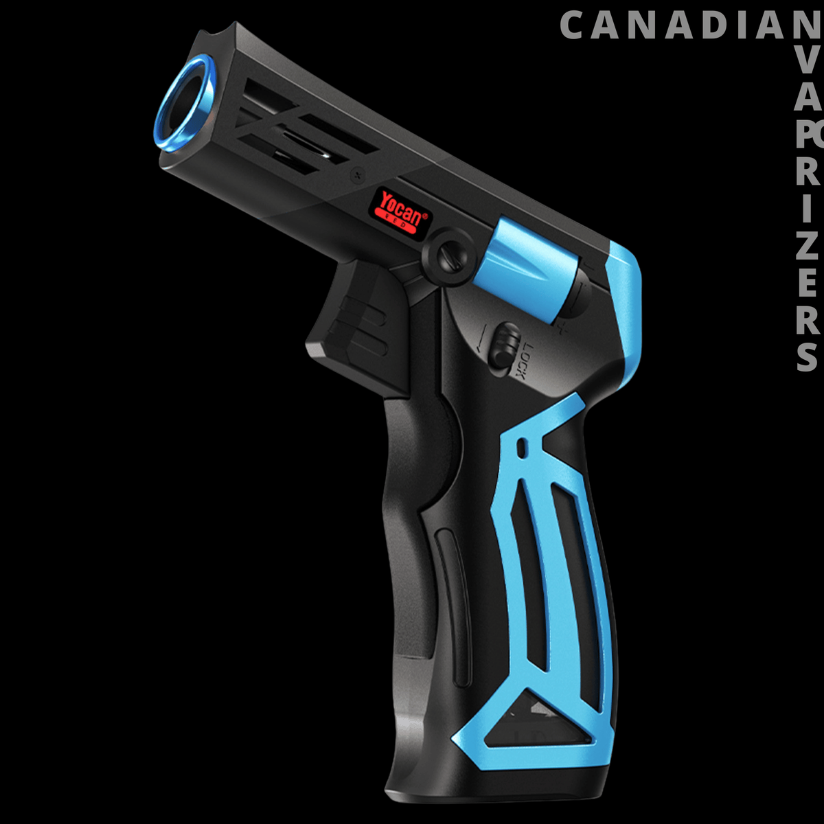 Yocan Diablo Torch - Black and blue handheld torch with a vented barrel, red digital display, and angular grip.