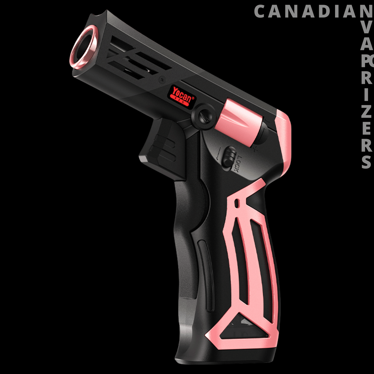 Yocan Diablo Torch - Black handheld torch lighter with coral-pink accents, a wide nozzle, and skeletal-style grip.