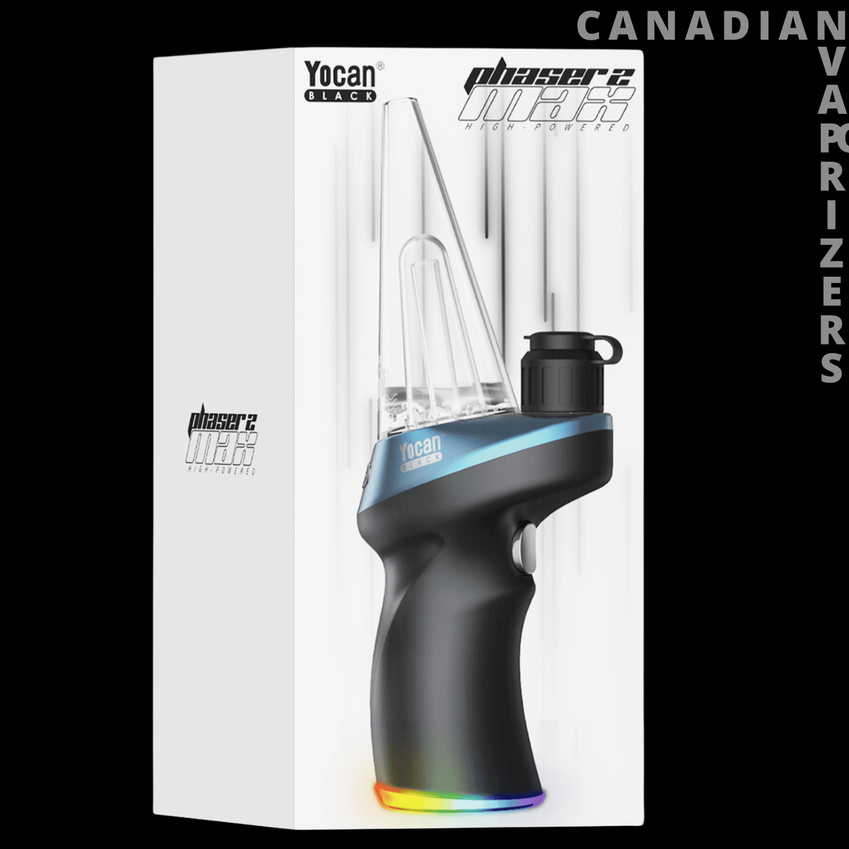 Yocan Black Phaser Max 2 - Yocan Black Phaser Max 2 vaporizer with a blue accent ring, black grip, and rainbow LED base.