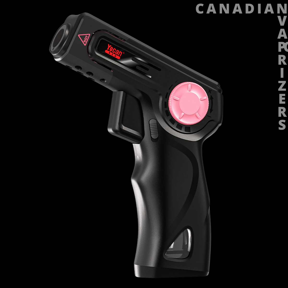 Yocan Rush Torch - Black Yocan Rush torch with pink adjustment dial, red digital display, and a flared metal nozzle.