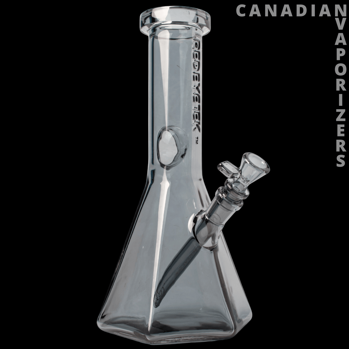 12" Ice Grey Hex Base Beaker - Clear ice-grey glass beaker with a hexagonal base, side-mounted angled joint, and round front disc.