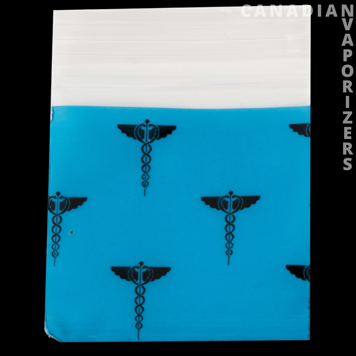 1.25" x 1.25" Baggie Pack (Bag of 1000) - Small blue zip-top bag with black medical emblems and a wide translucent white closure strip.