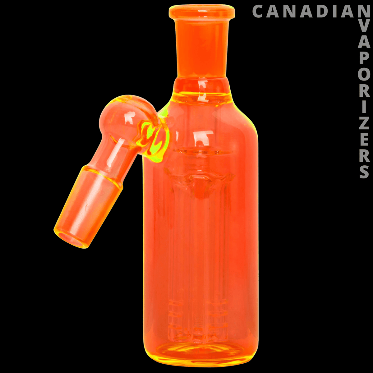14mm 45 Degree Day Glow Ash Catcher W/4-Arm Tree Perc - Neon orange glass ash catcher with an angled joint and visible internal tree percolator.