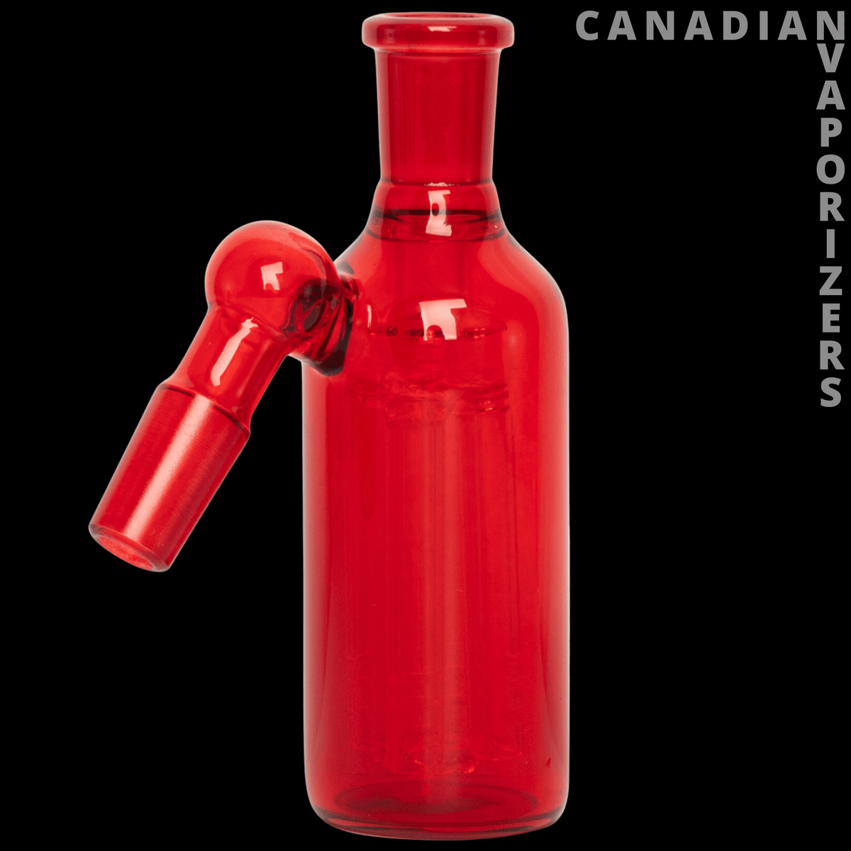 14mm 45 Degree Day Glow Ash Catcher W/4-Arm Tree Perc - Translucent red glass ash catcher with an angled 45-degree joint and cylindrical chamber.
