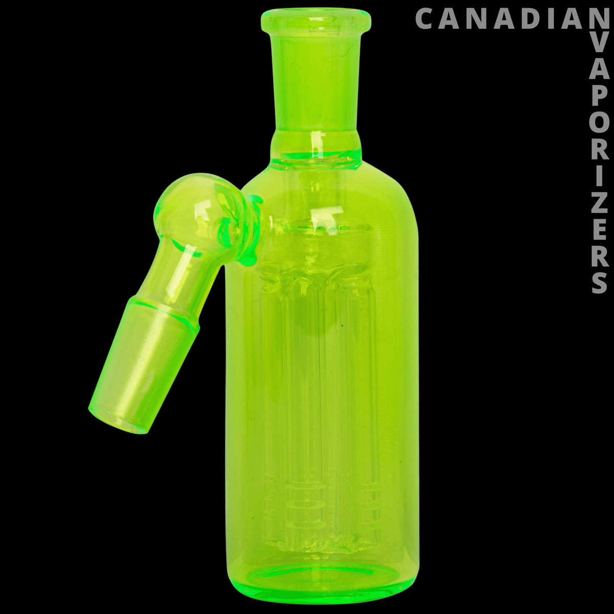 14mm 45 Degree Day Glow Ash Catcher W/4-Arm Tree Perc - Neon green glass ash catcher with a 45-degree angled joint and visible internal tree percolator.