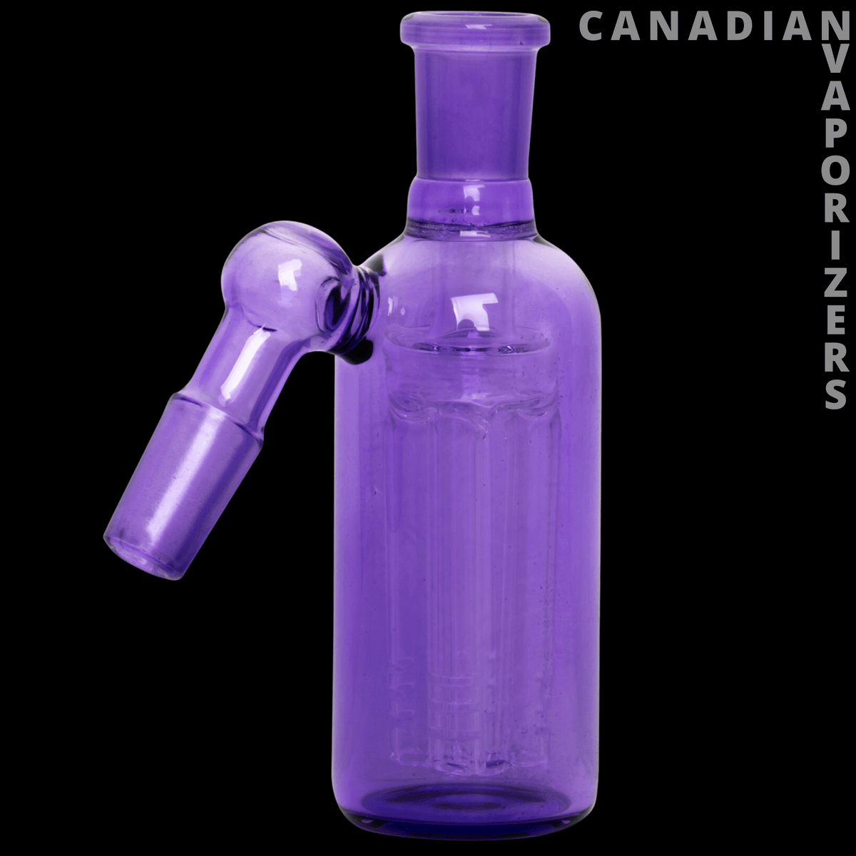 14mm 45 Degree Day Glow Ash Catcher W/4-Arm Tree Perc - Purple glass ash catcher with angled joint, cylindrical chamber, and 14mm fitting.