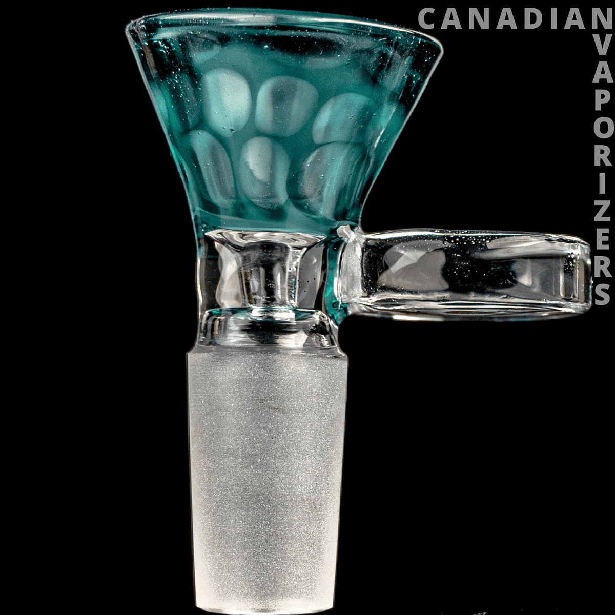 14MM Aqua | Hydros Thick Wall Honeycomb Funnel Bowl - Aqua glass honeycomb funnel bowl with a thick frosted stem and clear side handle.