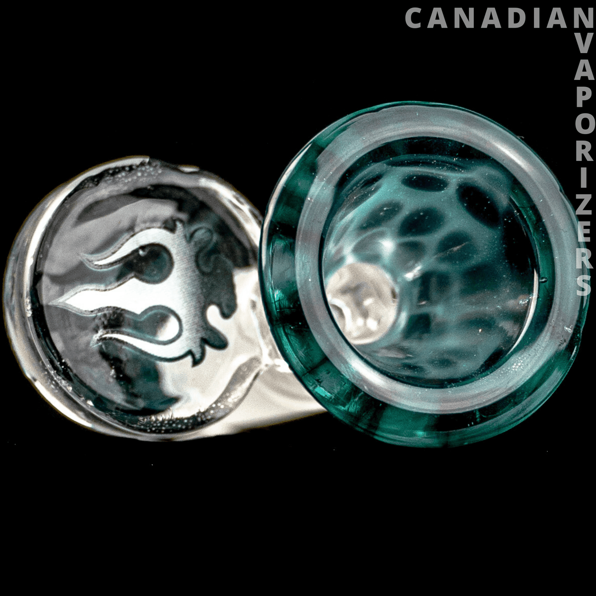 14MM Aqua | Hydros Thick Wall Honeycomb Funnel Bowl - Aqua glass honeycomb funnel bowl with thick teal walls and a clear, textured interior, shown from above beside its base.