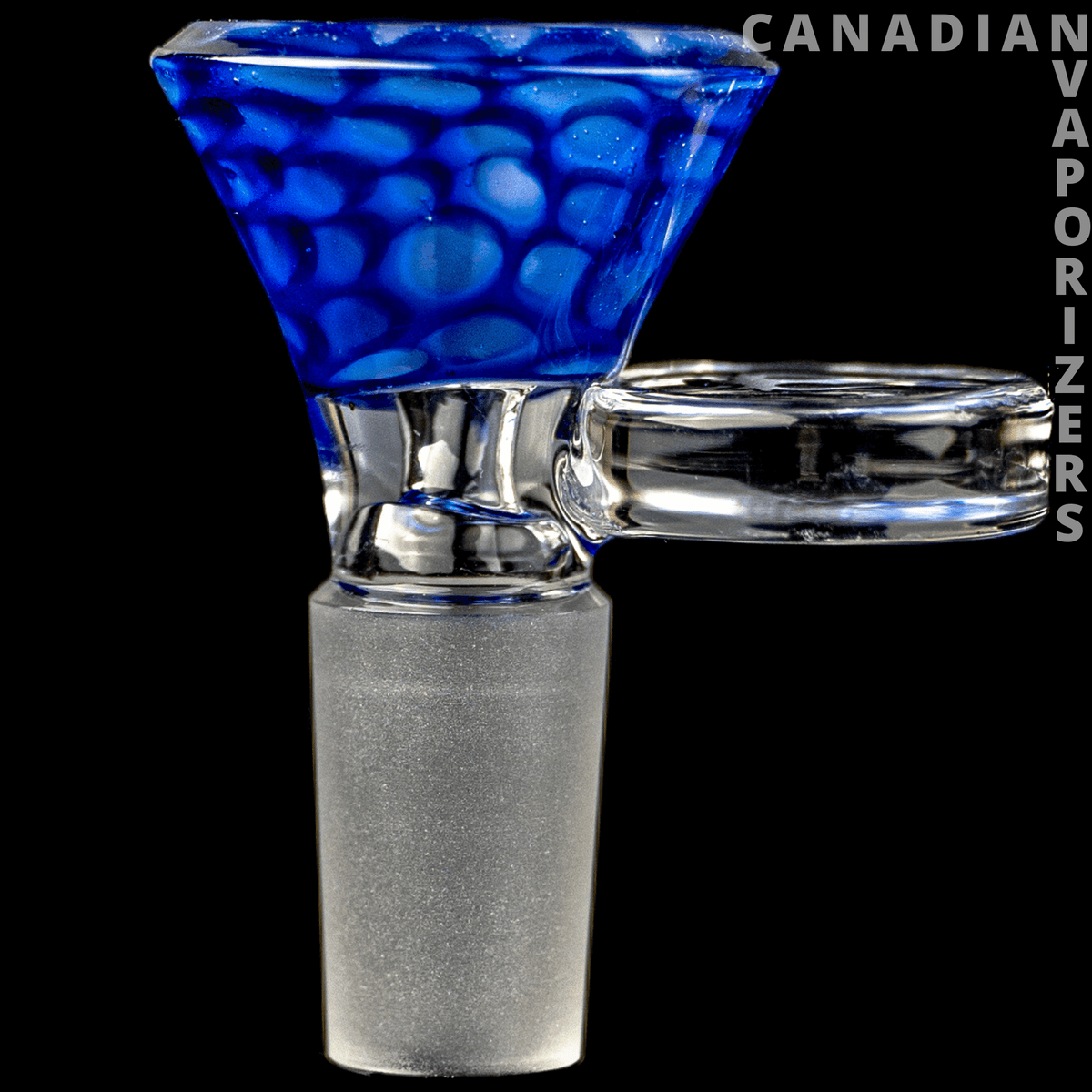 14MM Blue | Hydros Thick Wall Honeycomb Funnel Bowl - Blue honeycomb glass funnel bowl with a thick frosted joint and clear side handle.