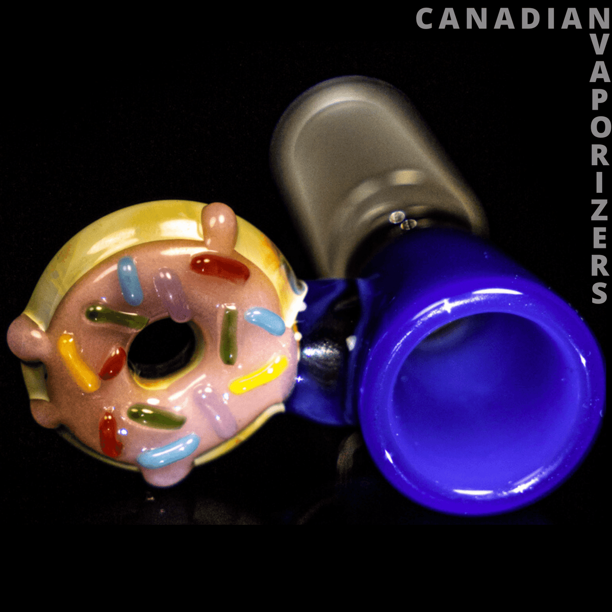 14MM Jam Bear Donut Bowl - Blue glass donut bowl with a pink-frosted bear-shaped donut and a curved dark glass stem.