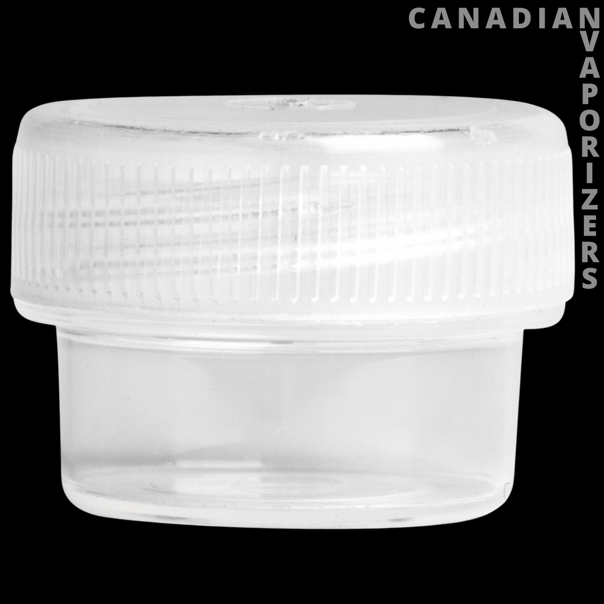 3.5g Plastic Container - Small clear plastic container with a wide ribbed screw-top lid.