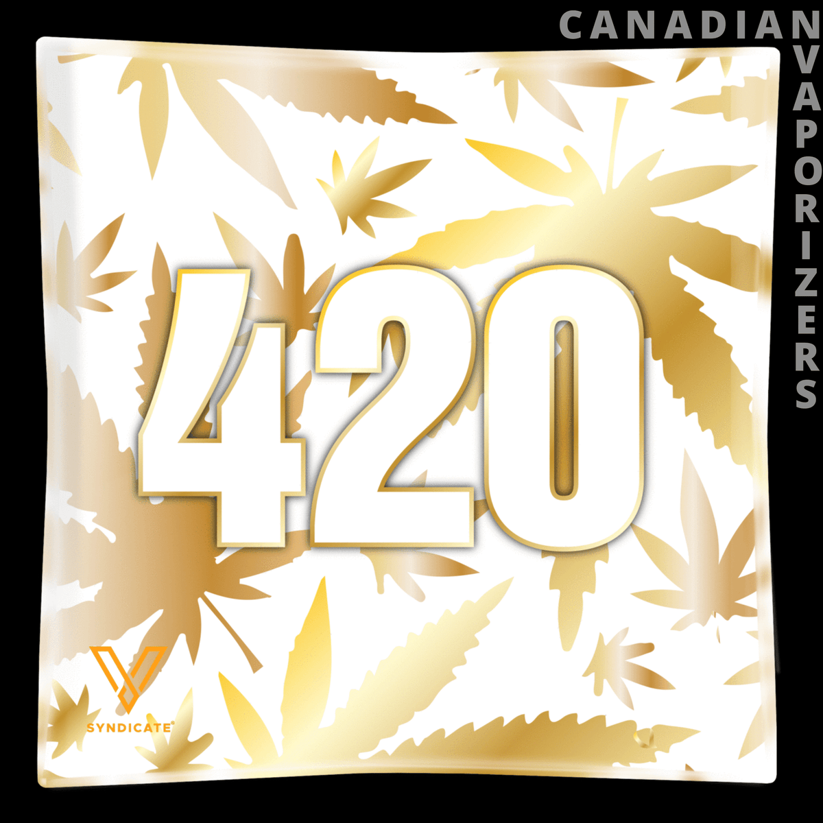 420 Gold Ashtray - Square gold-and-white ashtray with bold raised “420” lettering and scattered cannabis leaf graphics.