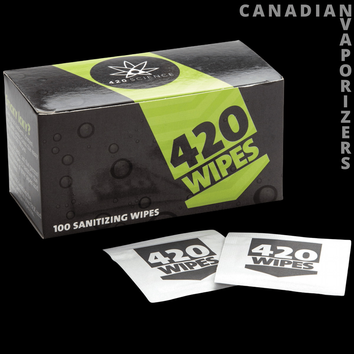 420 Wipes (Pack of 100) - Black-and-lime 420 Wipes box with two white individually wrapped sanitizing wipes displayed in front.