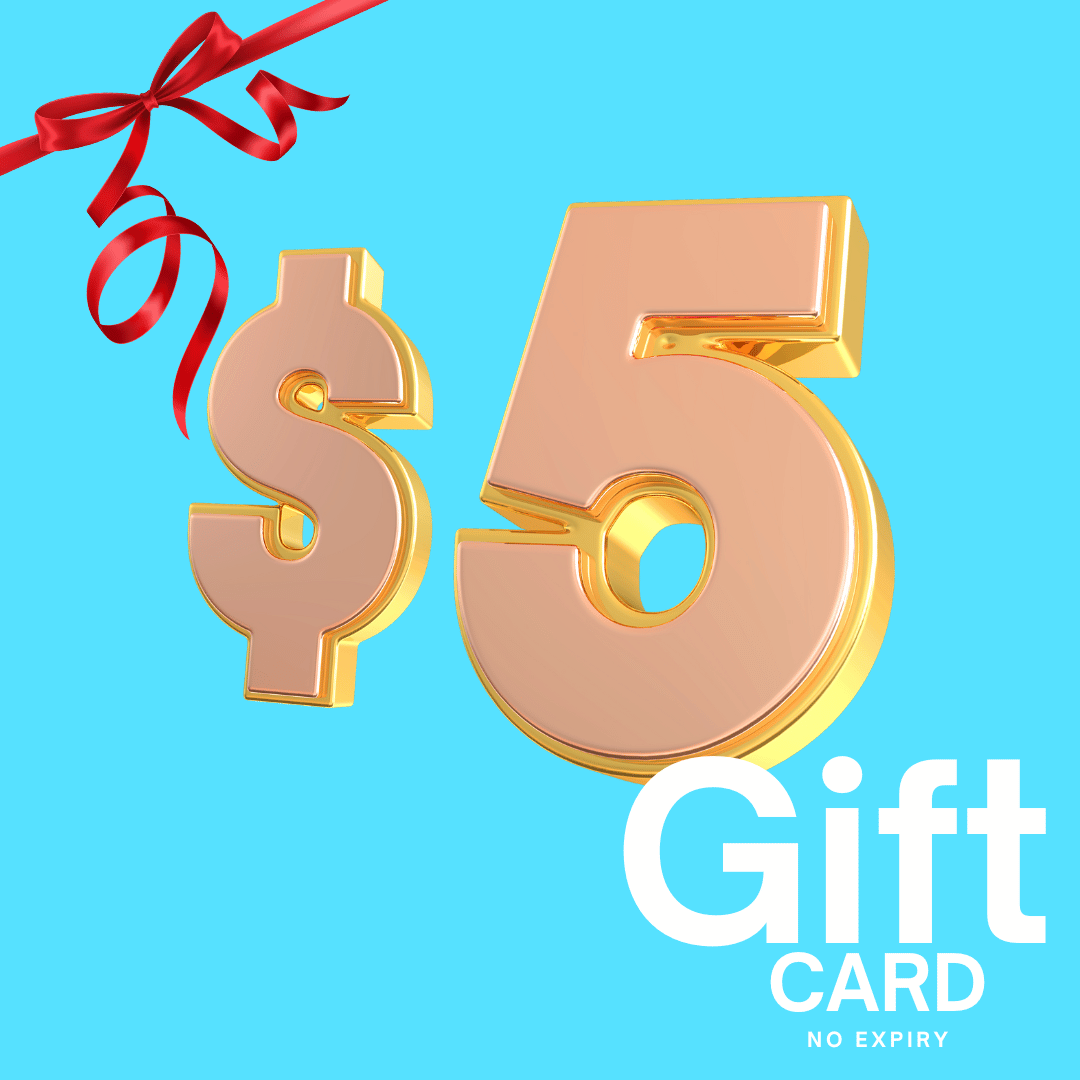 $5 Gift Card - Gold $5 gift card graphic with a red ribbon and white “Gift Card” lettering on a turquoise background.