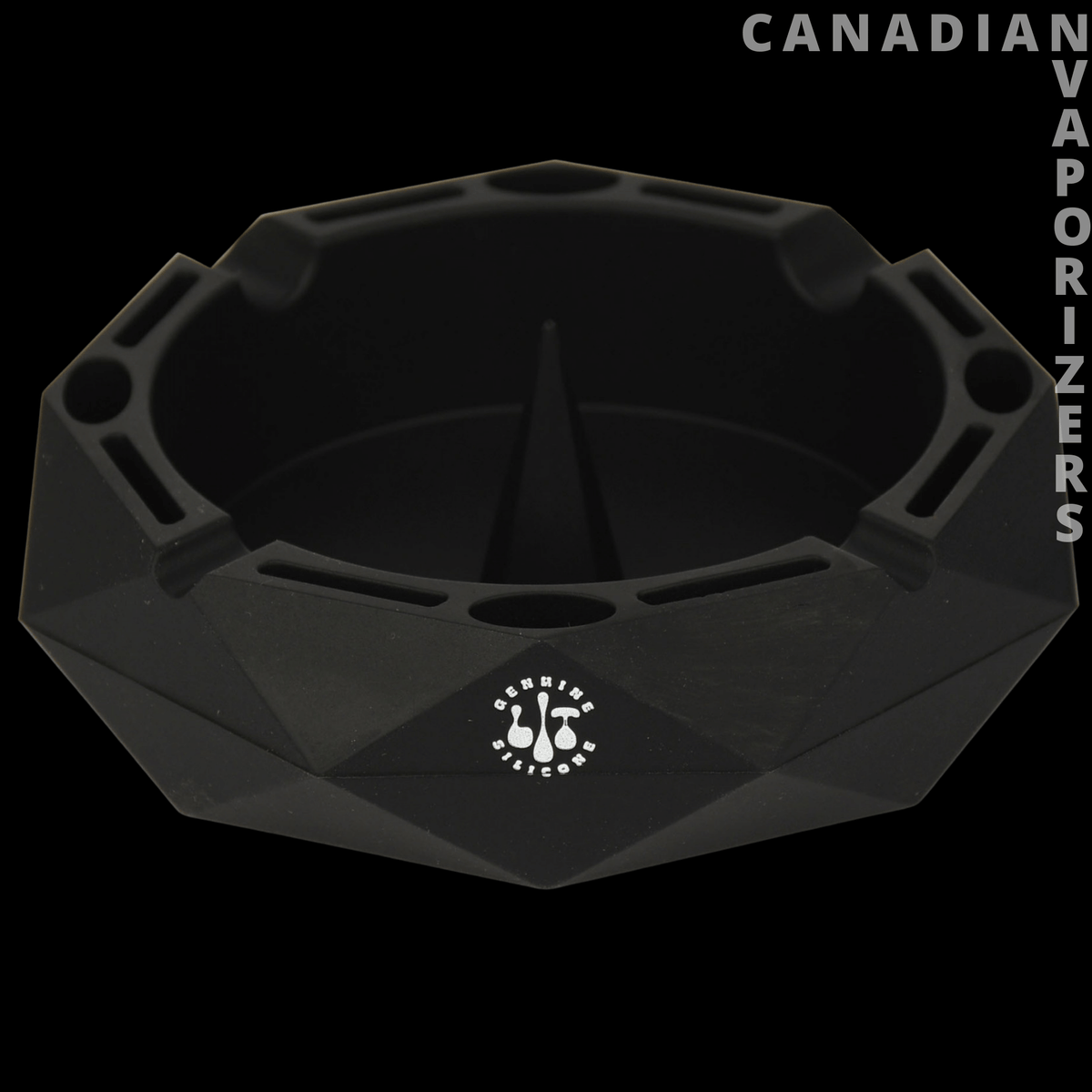 Lit Silicone 5" Round Ashtray - Black round silicone ashtray with angular faceted sides, cigarette rests, and a white emblem on the front.