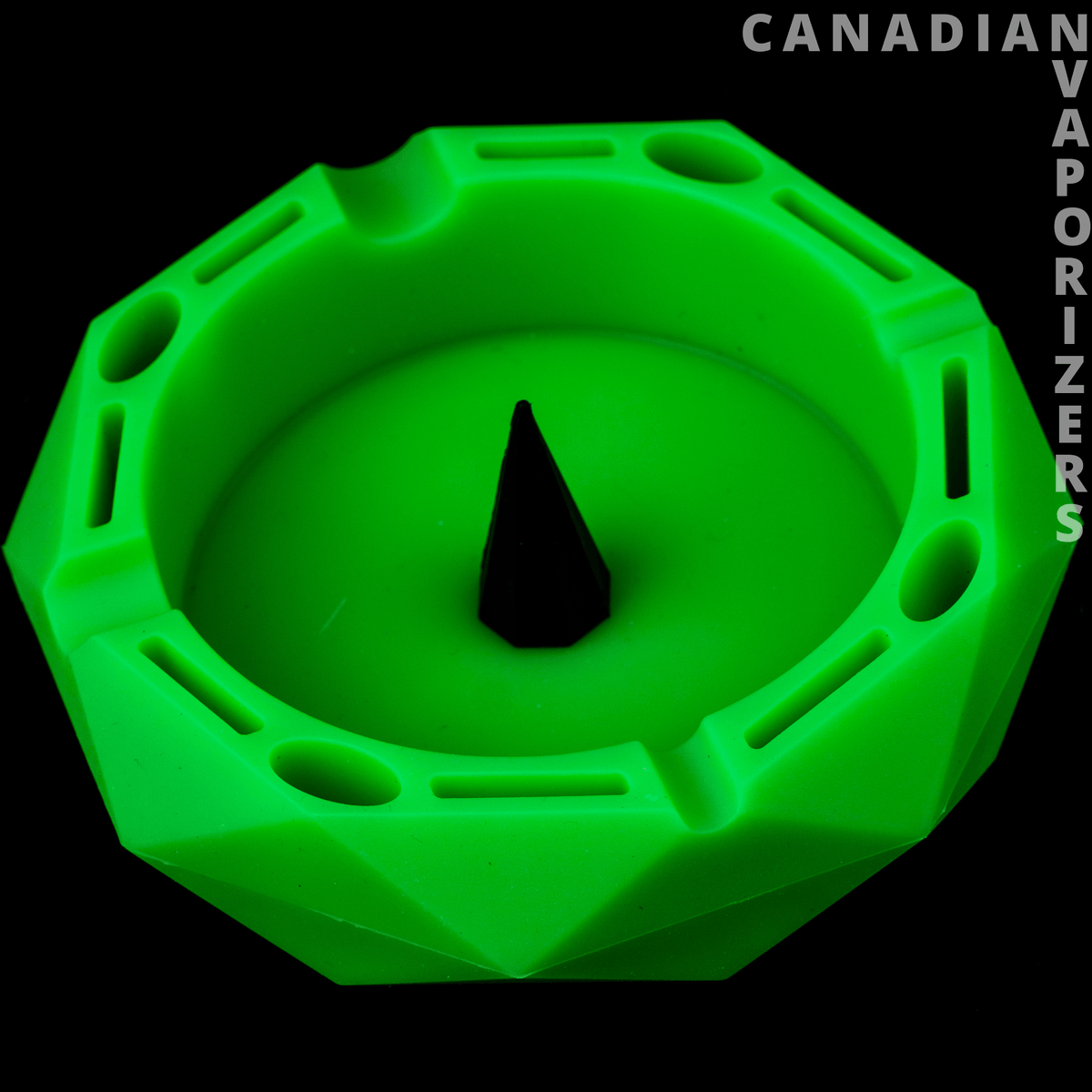 Lit Silicone 5" Round Ashtray - Bright green silicone ashtray with a round basin, raised ridged rim, and central cigarette rest.