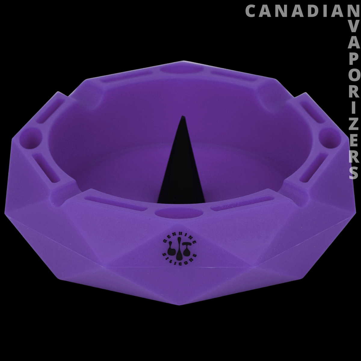 Lit Silicone 5" Round Ashtray - Purple silicone ashtray with a faceted octagonal rim, deep bowl, and central pointed cone.