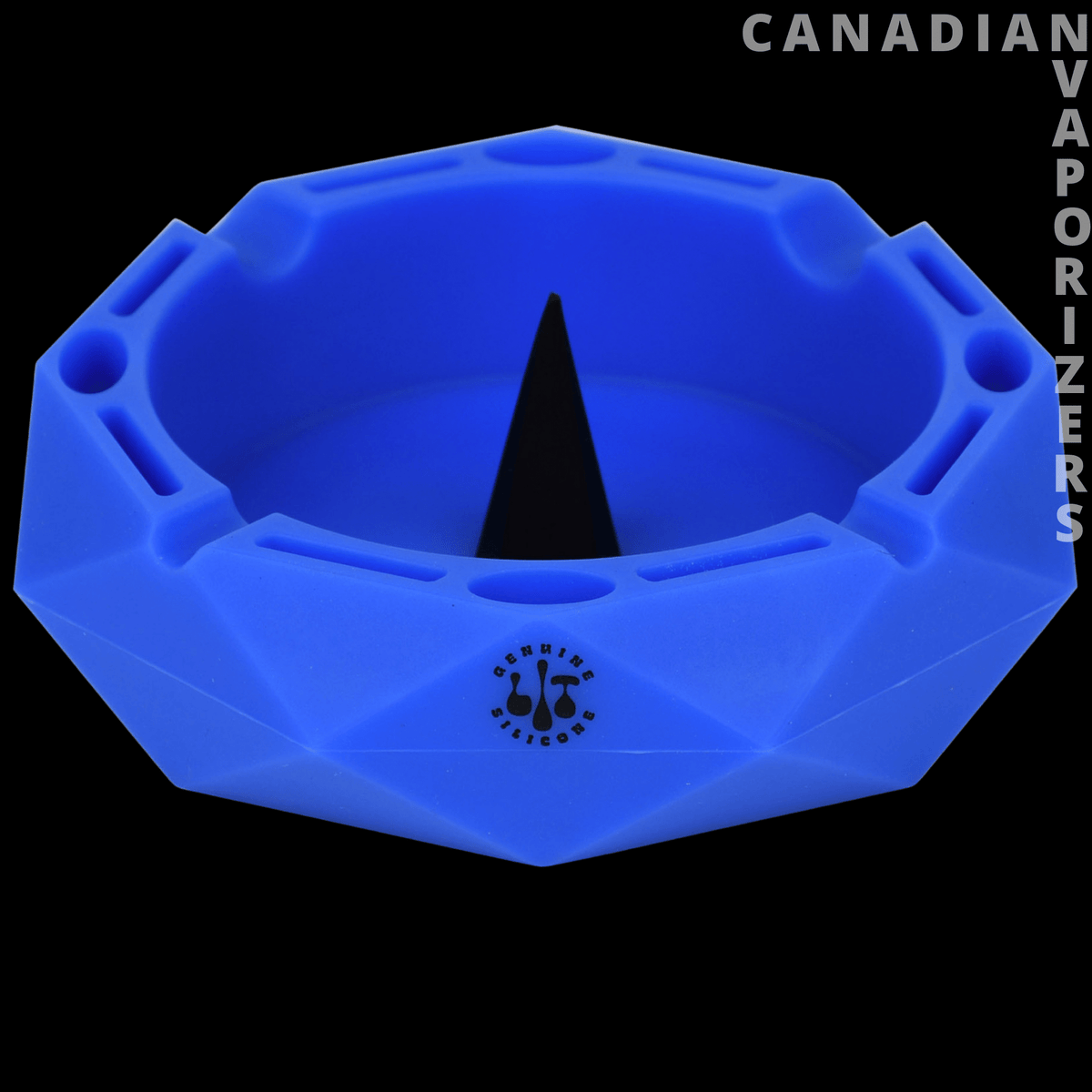 Lit Silicone 5" Round Ashtray - Bright blue round silicone ashtray with a faceted rim, cigarette rests, and a black center spike.