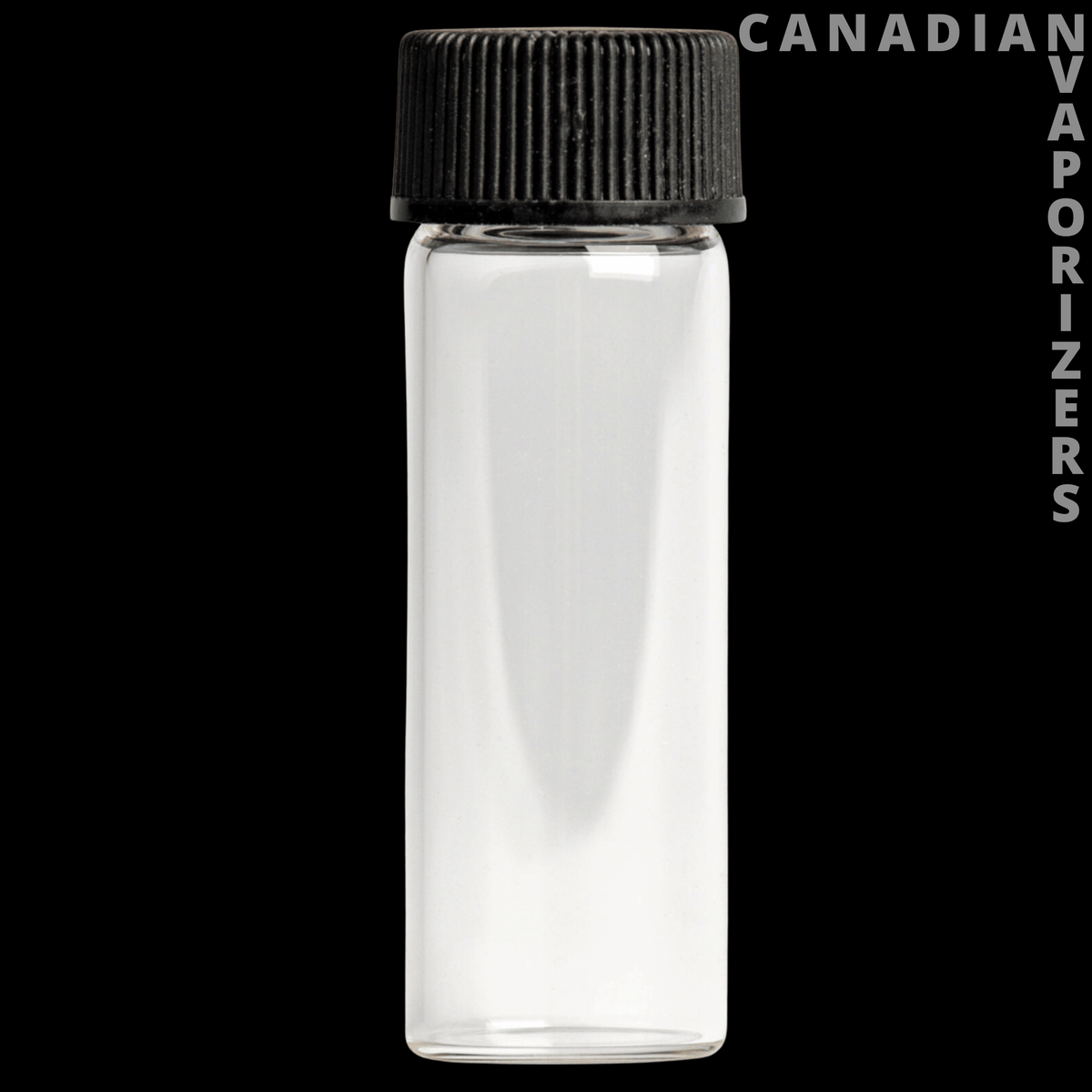 5g Glass Vial (Box of 144) - Clear 5g glass vial with a black ribbed screw cap and cylindrical shape.