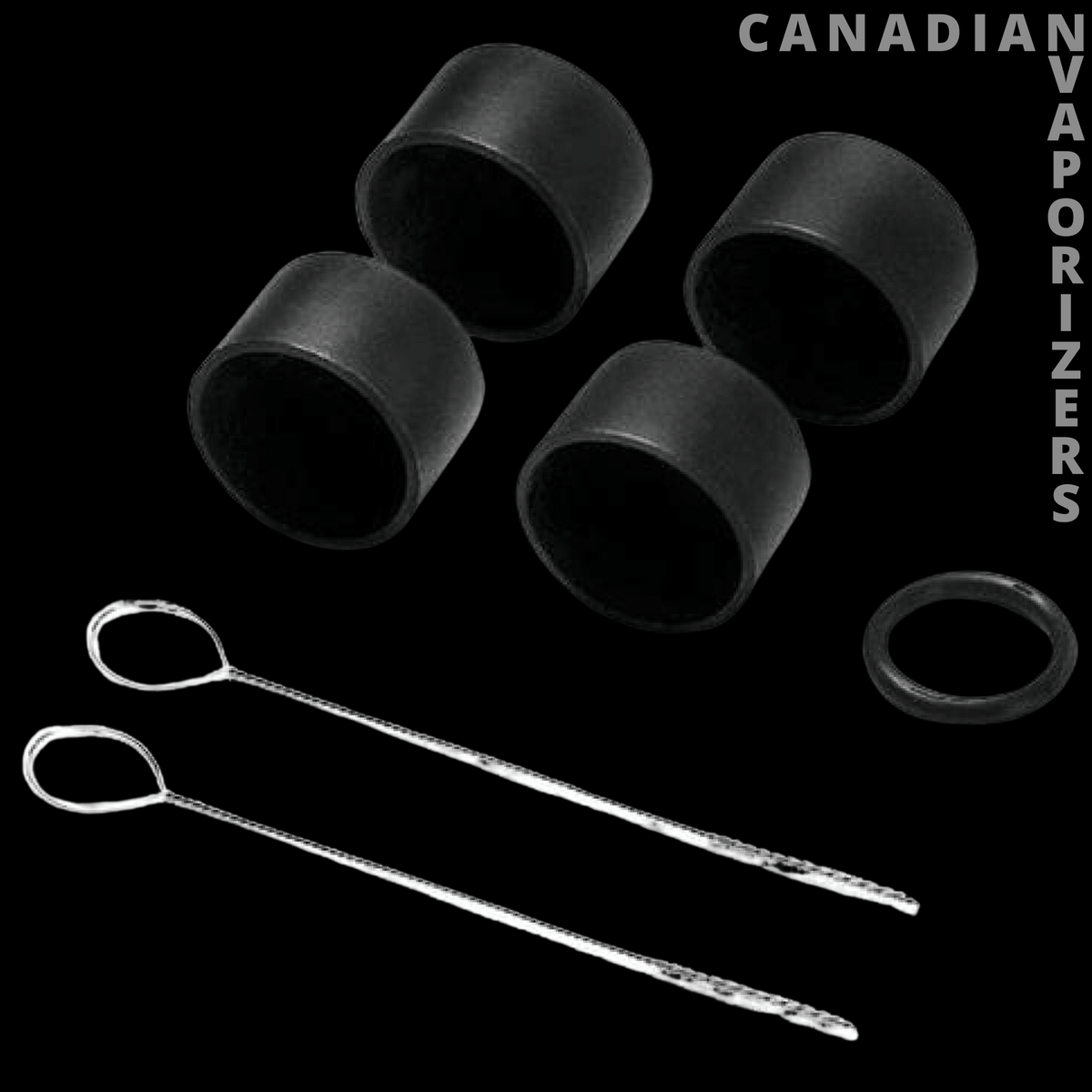 7Pipe Twisty Glass Mini/Slim Parts Kit - Black rubber pipe caps and a ring with two long metal cleaning picks in a slim glass pipe kit.