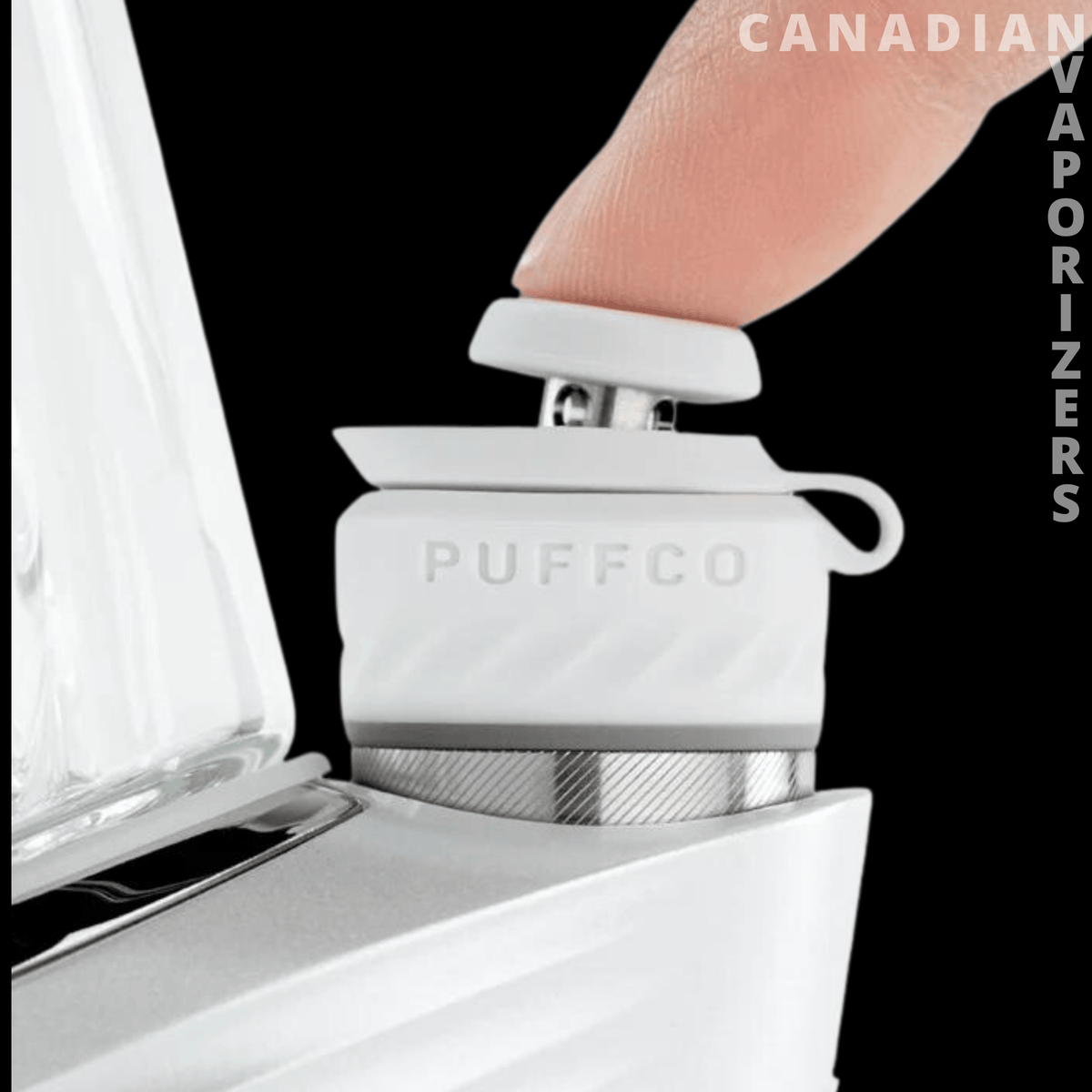 Puffco New Peak Pro 3DXL - White Puffco Peak Pro vaporizer with glass attachment and a finger pressing the top button.