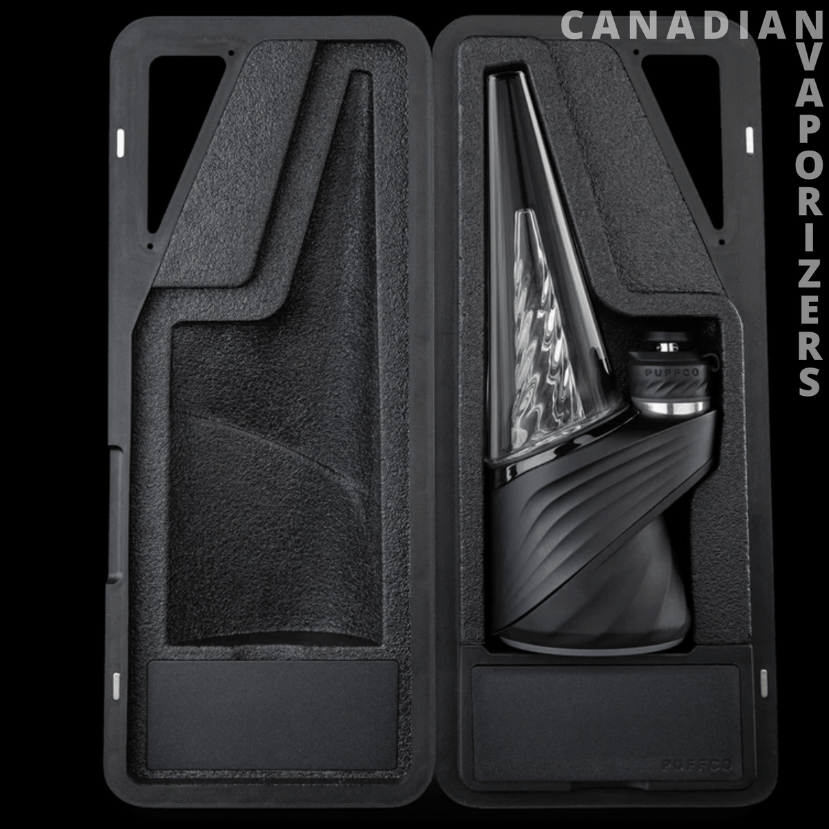 Puffco New Peak Pro 3DXL - Black textured travel case holding a sleek vaporizer with a tapered glass chamber and ribbed base.