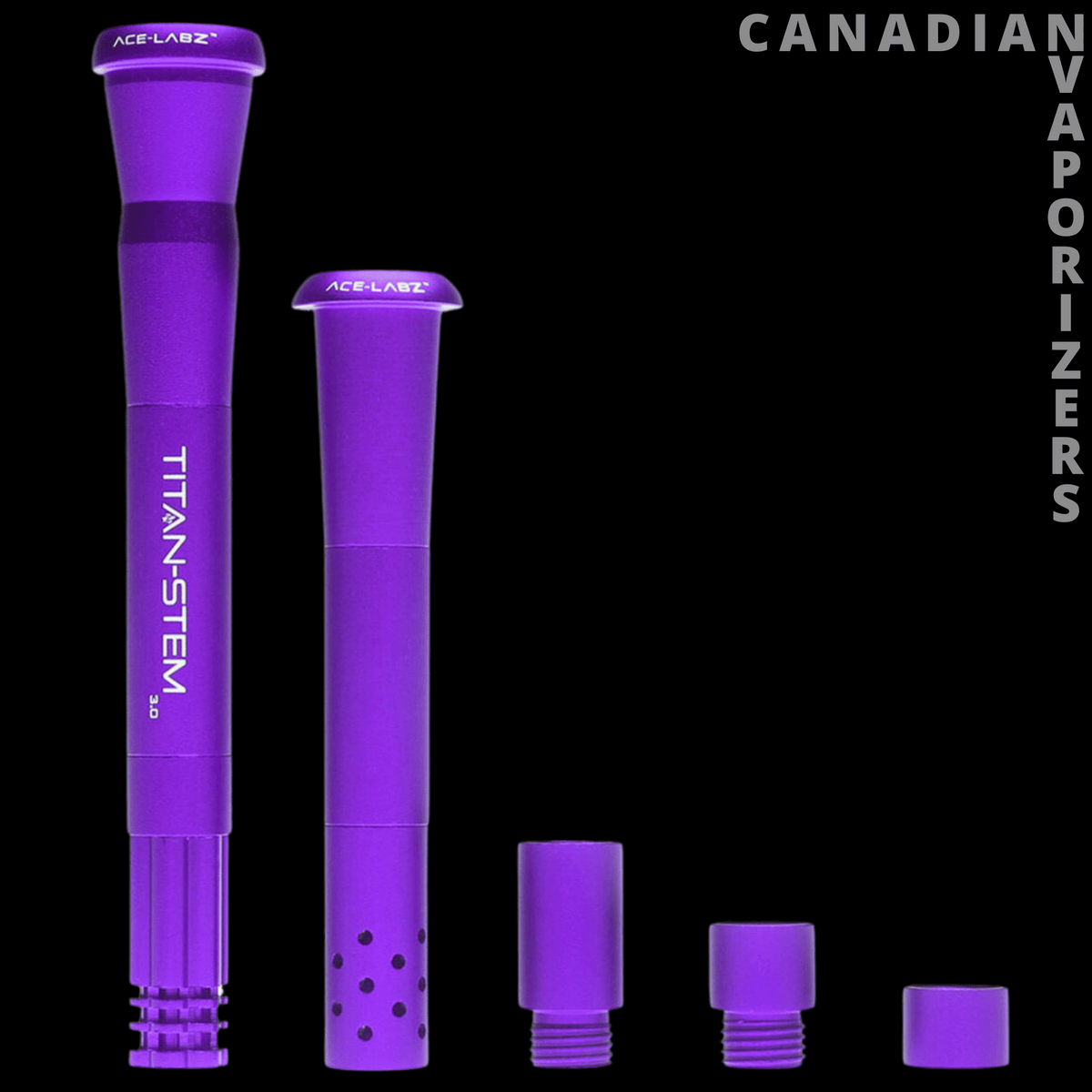 Ace-Labz Titan-Stem 3.0 Adjustable Length Metal Downstem (14mm &amp; 19mm) - Purple adjustable metal downstem shown extended and in four progressively shorter configurations.