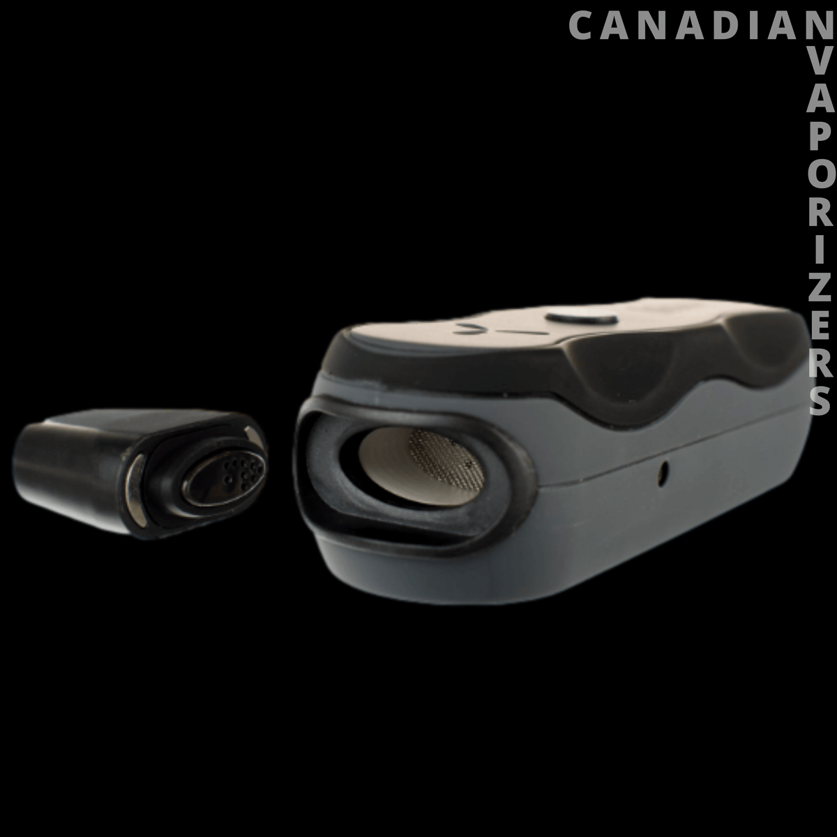 AirVape XS GO - Compact dark gray AirVape XS GO vaporizer with a detachable black mouthpiece beside it.