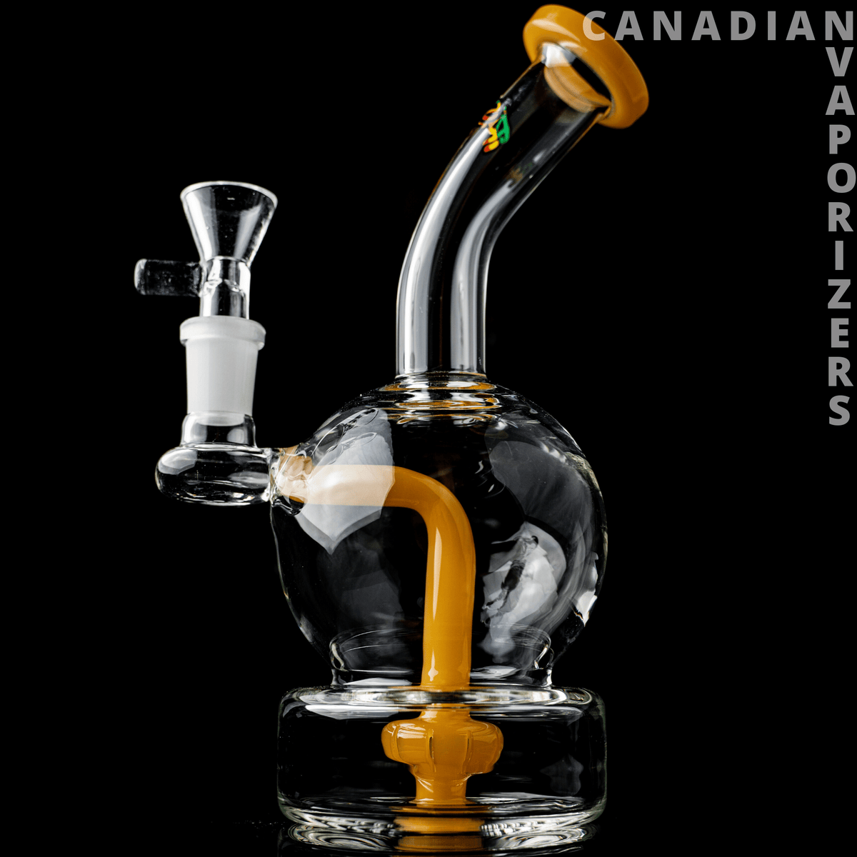 Amber | iRie Globe - Clear glass globe vaporizer with curved neck, amber accents, and a side-mounted bowl.