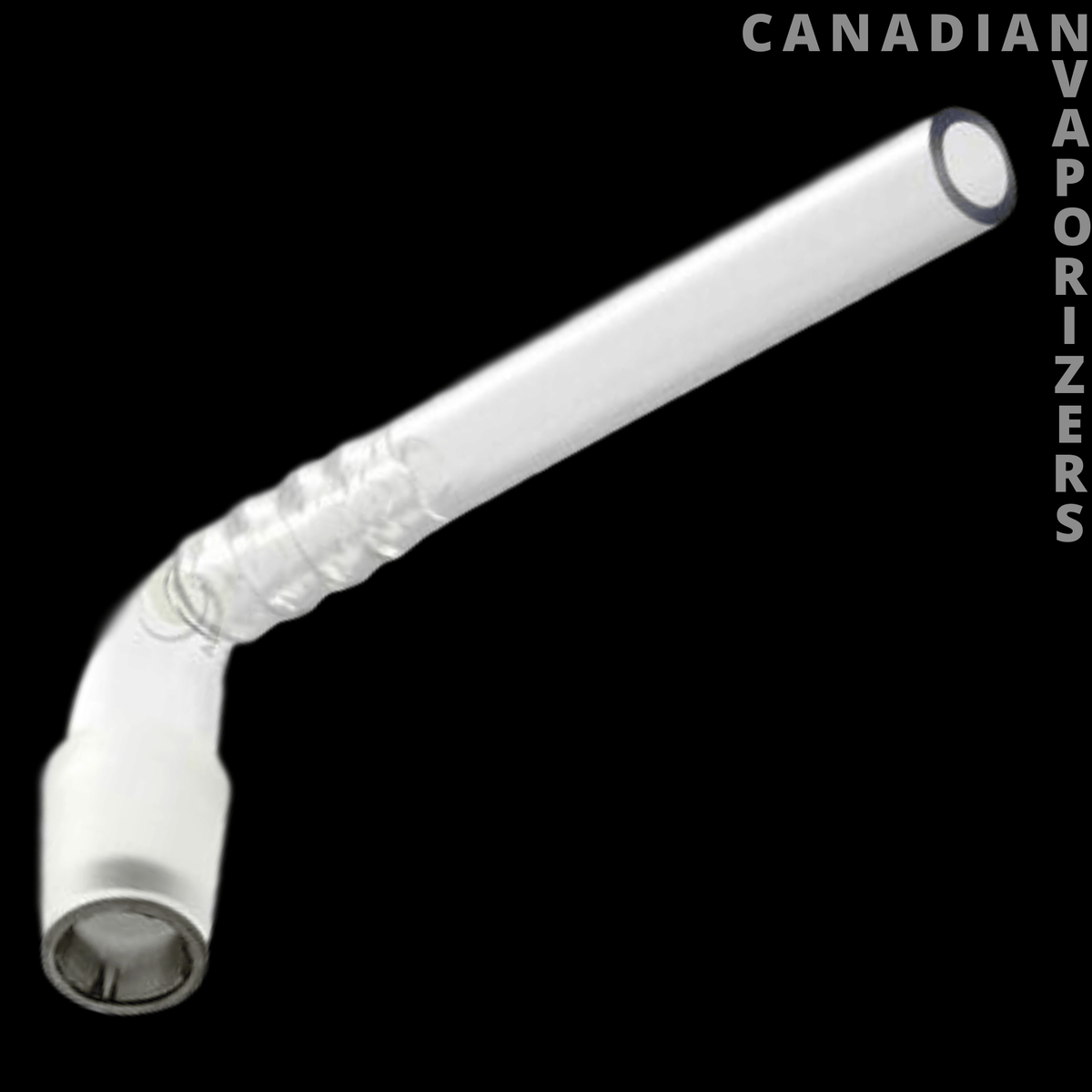 Arizer Extreme Q &amp; V-Tower Mini Whip - Clear glass mini whip with a bent white mouthpiece and metal connector for an Arizer vaporizer.