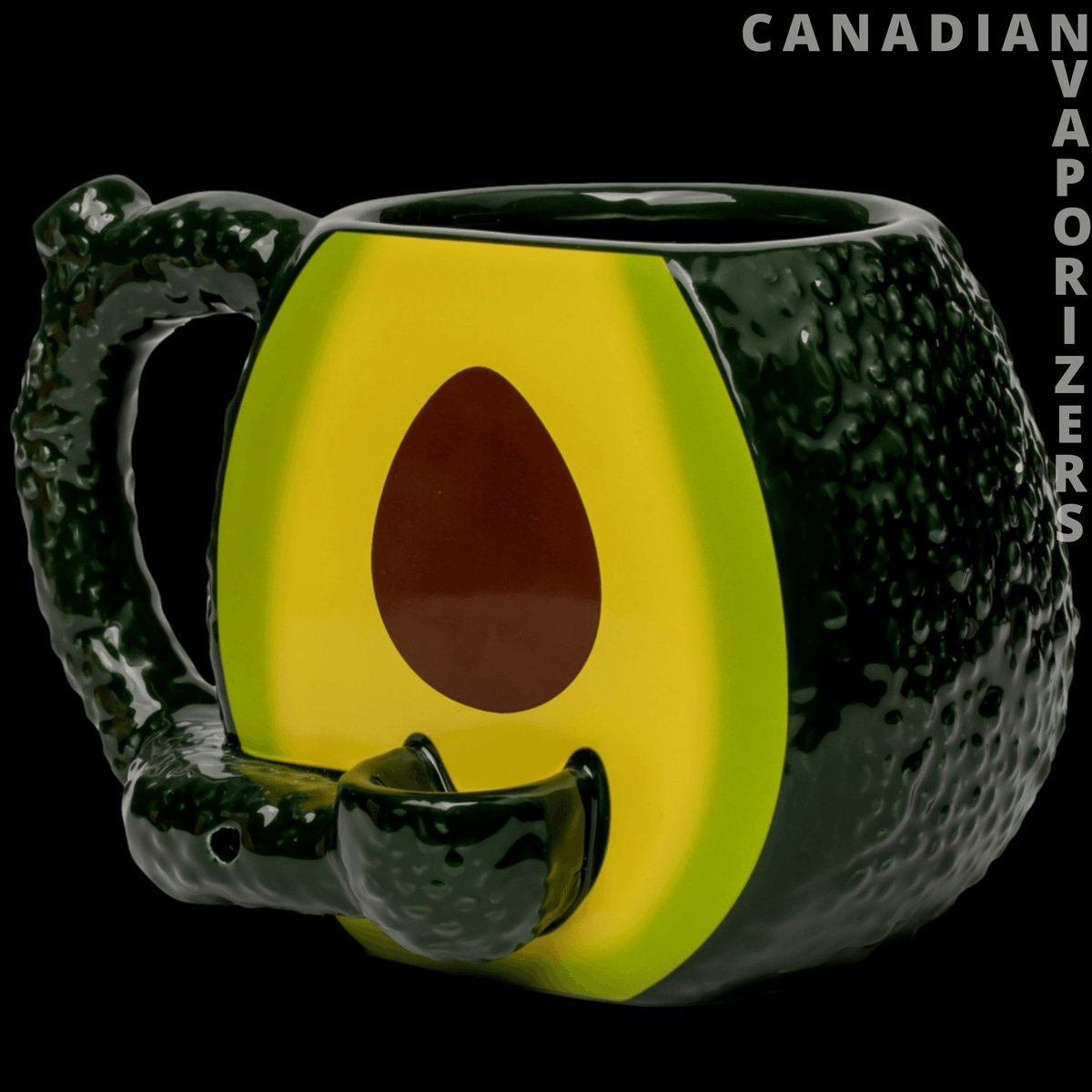 Avocado Ceramic Mug Pipe - Green avocado-shaped ceramic pipe with a yellow interior, brown pit detail, and textured dark green exterior.