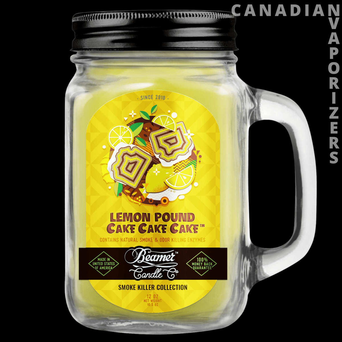Beamer Candle Co Smoke Odor Exterminator 12oz Candle - Clear mason jar candle with a black handle and lid, bright yellow lemon pound cake label, and colorful dessert graphics.