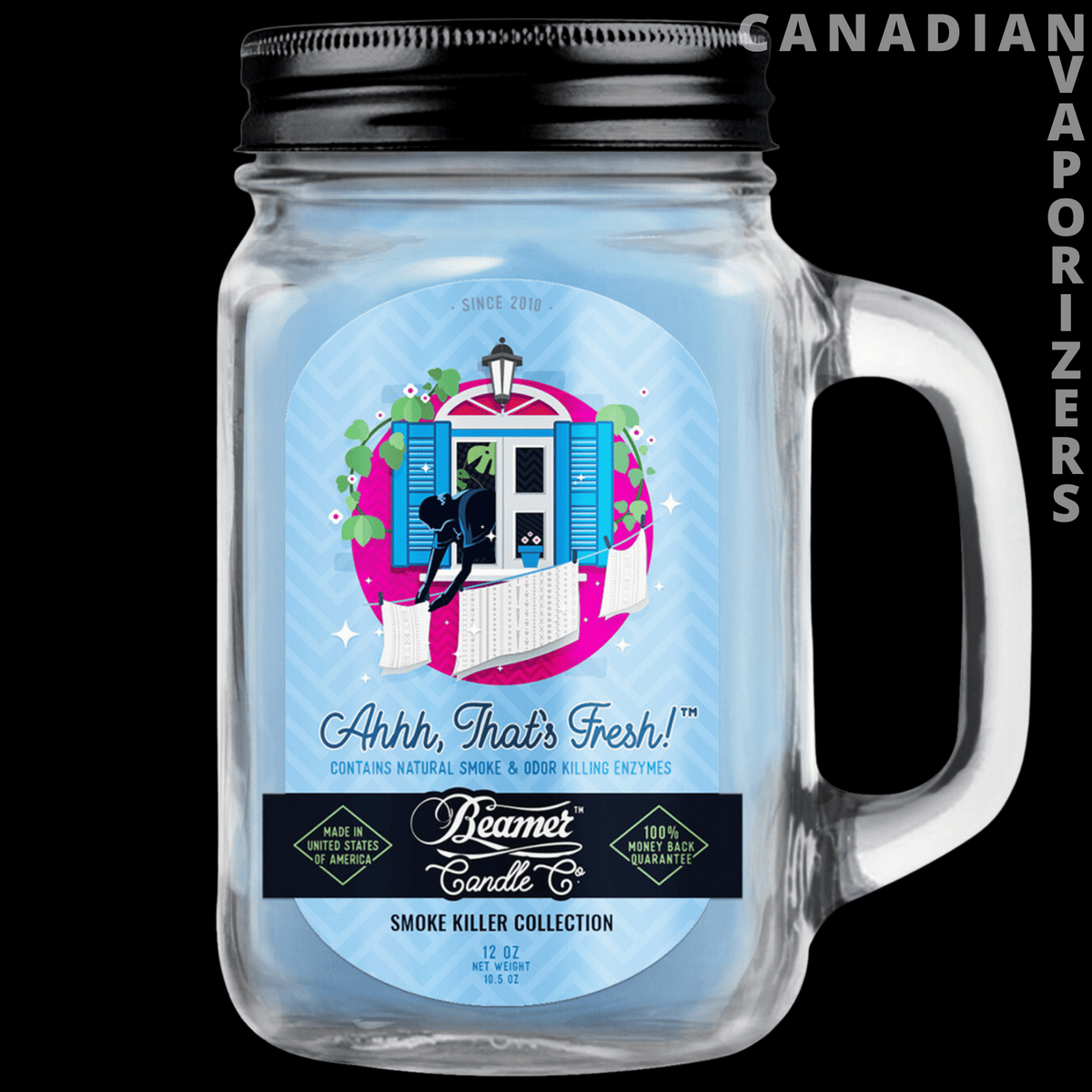 Beamer Candle Co Smoke Odor Exterminator 12oz Candle - Blue smoke-odor-eliminating candle in a clear mason jar with a black lid and handle, featuring a colorful retro label.