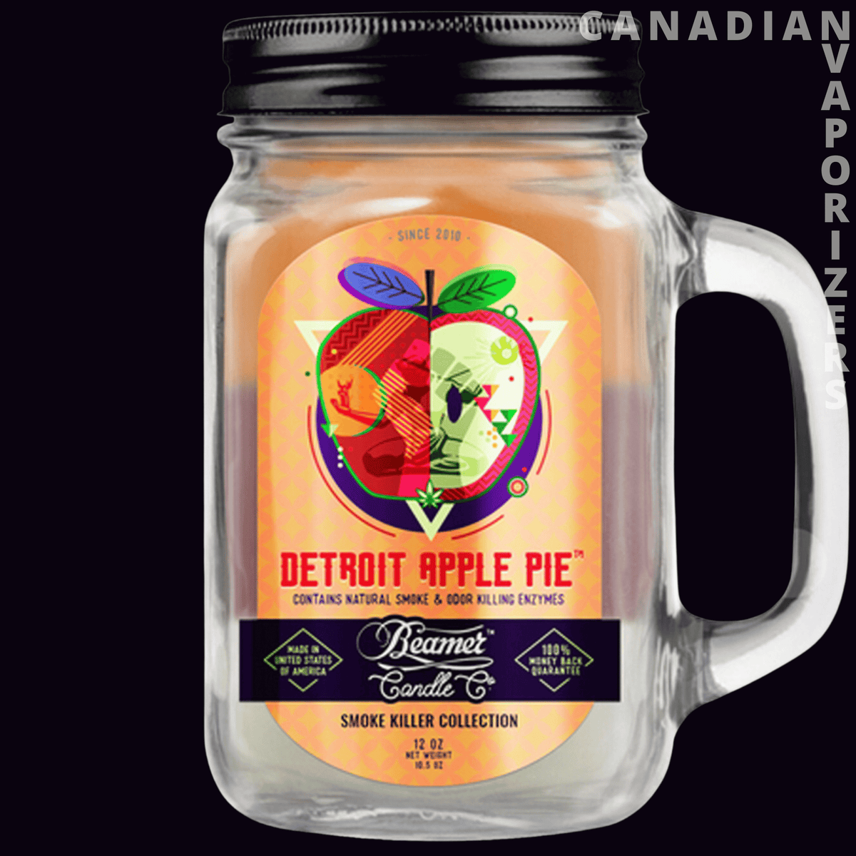 Beamer Candle Co Smoke Odor Exterminator 12oz Candle - Clear handled mason jar candle with black lid and colorful Detroit Apple Pie label.