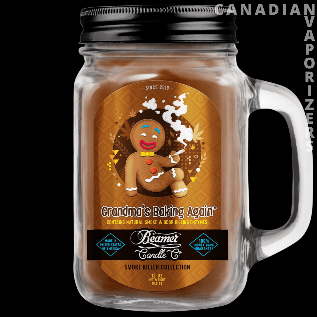 Beamer Candle Co Smoke Odor Exterminator 12oz Candle - Amber smoke-odor candle in a clear handled mason jar with a black lid and gingerbread label.