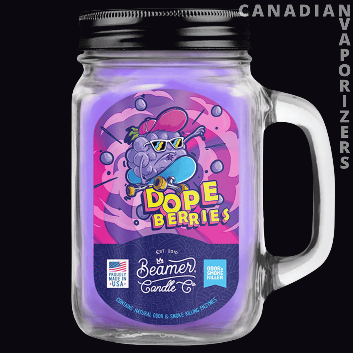 Beamer Candle Co Smoke Odor Exterminator 12oz Candle - Purple Beamer Candle Co. Dope Berries candle in a clear handled glass jar with a black lid.