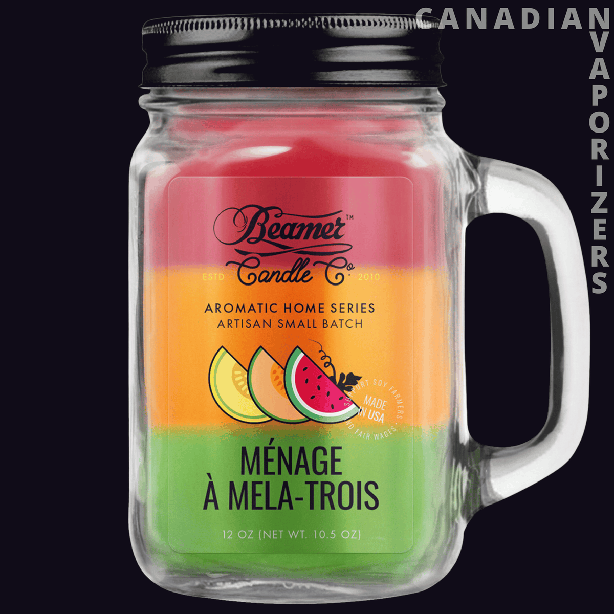 Beamer Candle Co Smoke Odor Exterminator 12oz Candle - Beamer Candle Co. smoke-odor candle in a clear handled jar, with a black lid and colorful fruit-inspired label.
