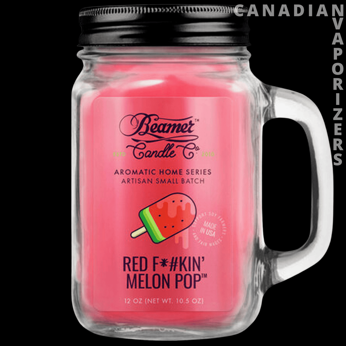 Beamer Candle Co Smoke Odor Exterminator 12oz Candle - Pink watermelon-scented candle in a clear mason jar with a black lid and handle.