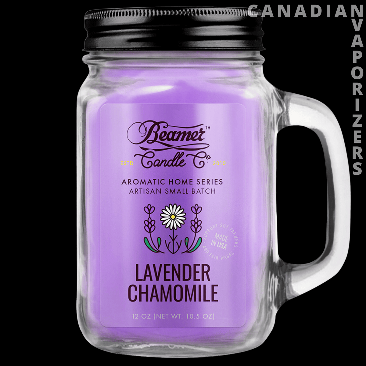 Beamer Candle Co Smoke Odor Exterminator 12oz Candle - Purple lavender chamomile candle in a clear mason jar with a black lid and handle.