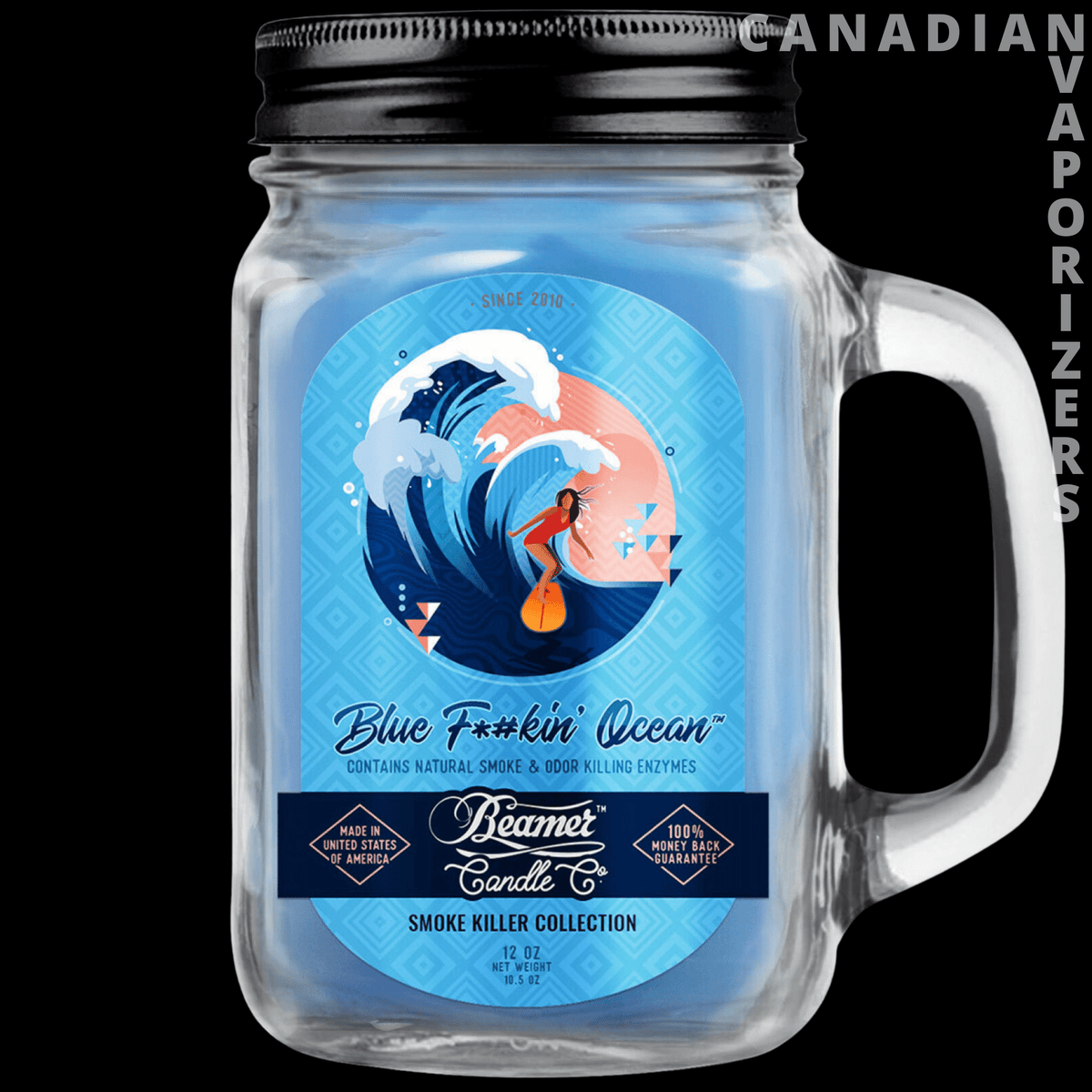 Beamer Candle Co Smoke Odor Exterminator 12oz Candle - Blue mason jar candle with a black lid, clear handle, and blue ocean-themed label.