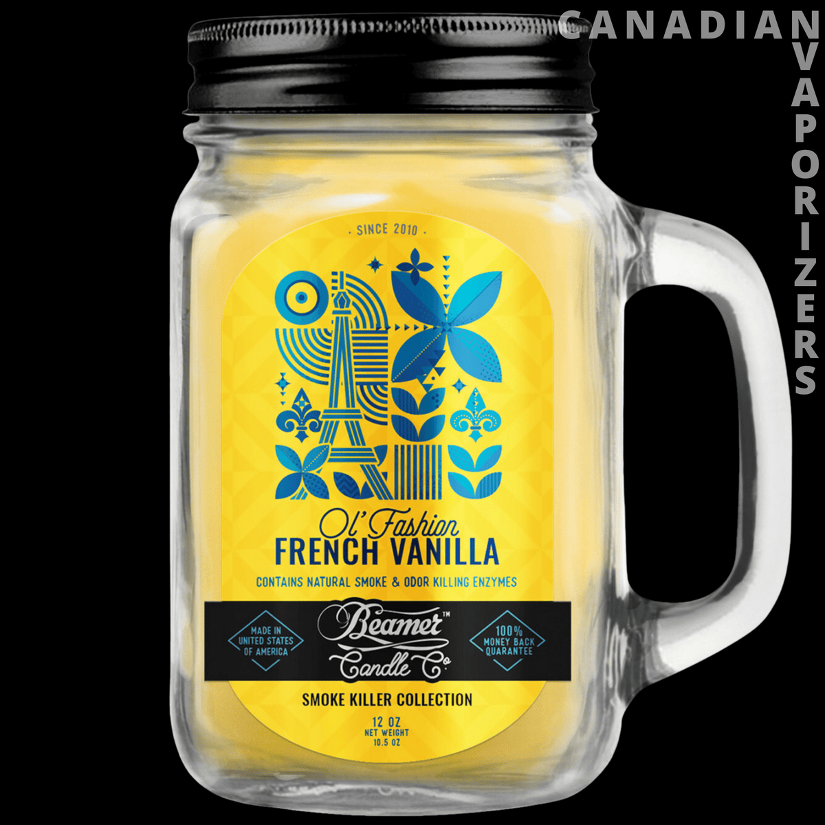 Beamer Candle Co Smoke Odor Exterminator 12oz Candle - Clear handled mason jar candle with a black lid and bright yellow French Vanilla label featuring blue botanical designs.
