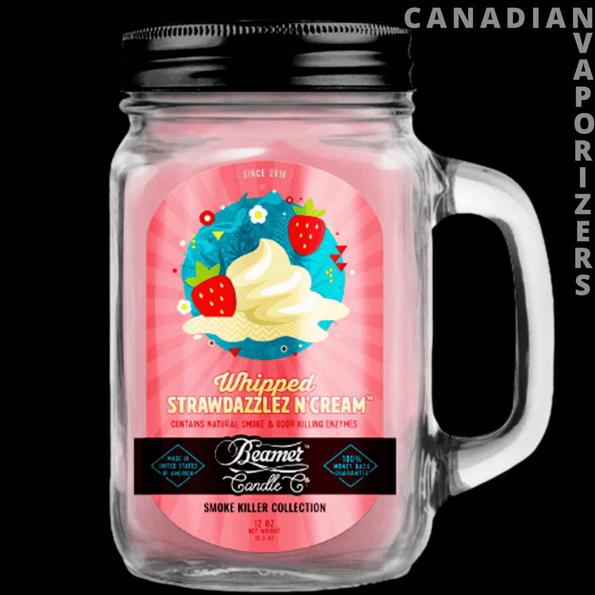 Beamer Candle Co Smoke Odor Exterminator 12oz Candle - Pink whipped-cream-scented candle in a clear mason jar with a black lid and handle.