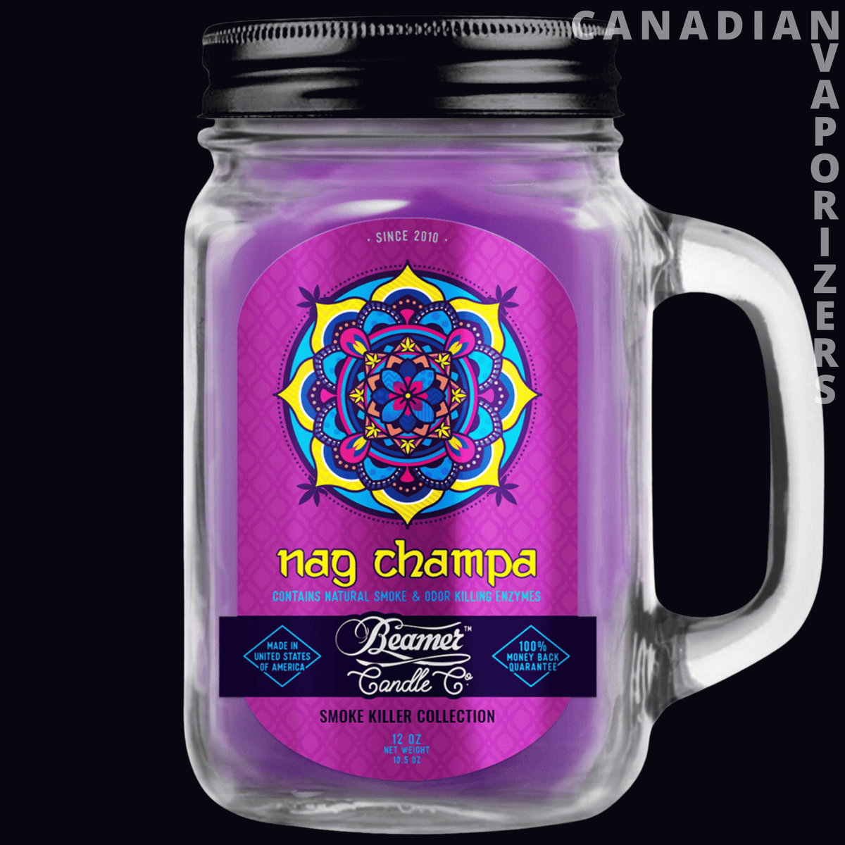 Beamer Candle Co Smoke Odor Exterminator 12oz Candle - Purple Nag Champa odor-eliminating candle in a clear handled mason jar with a black lid and colorful mandala label.
