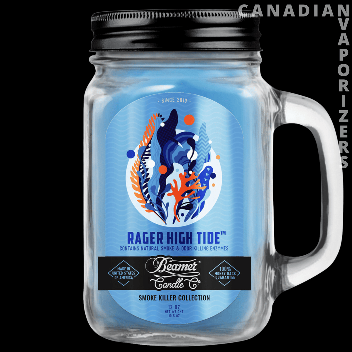 Beamer Candle Co Smoke Odor Exterminator 12oz Candle - Clear mason jar candle with a black lid, blue ocean-themed label, and glass handle.