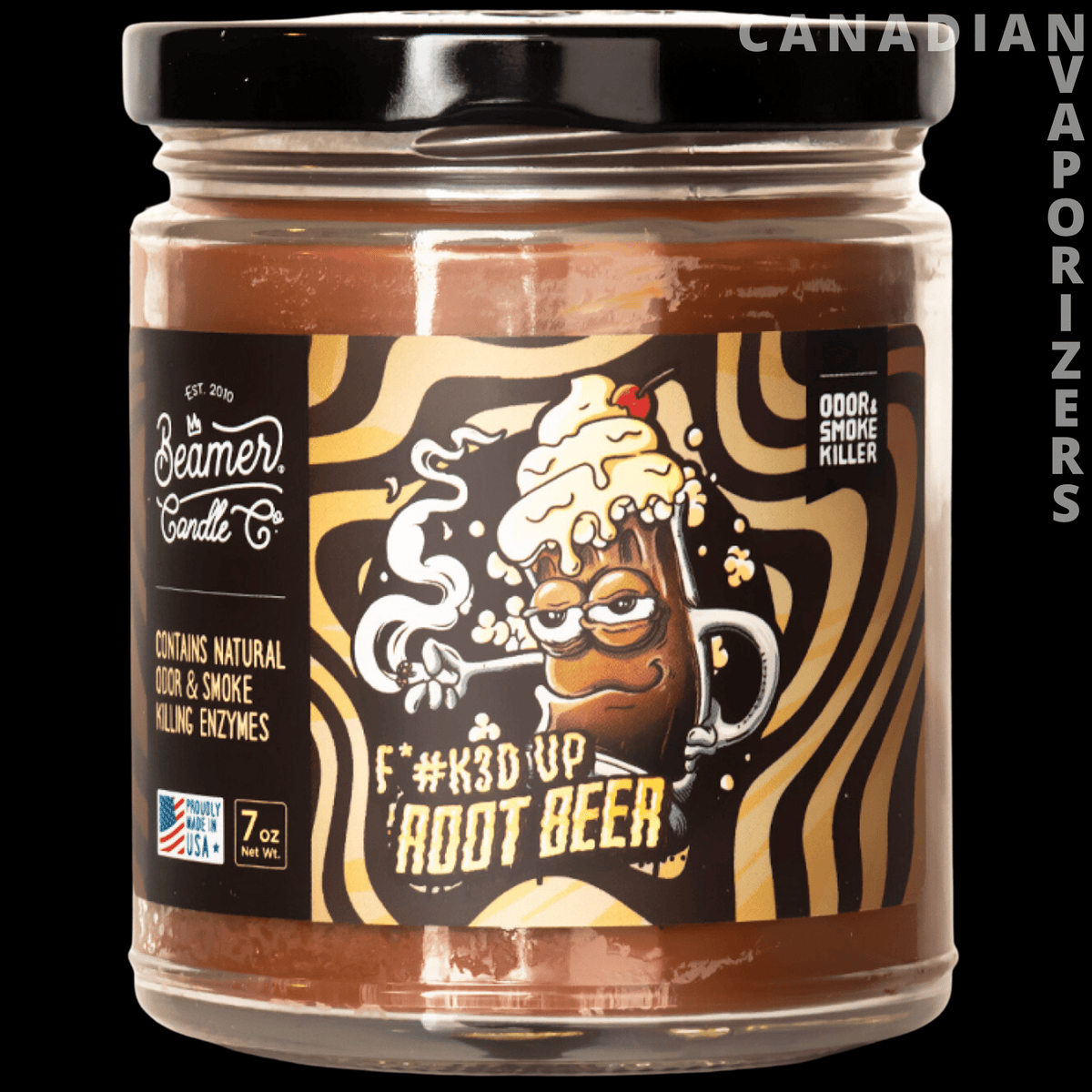 Beamer Candle Co Smoke Odor Exterminator 7oz Candle - Amber glass smoke-odor candle with a black-and-gold root beer label and cartoon mascot, 7 oz.